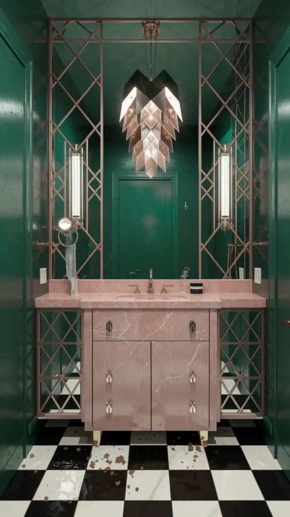 Art Deco bathroom with emerald green walls, rose gold fixtures, pink marble vanity, and black-and-white checkerboard flooring.