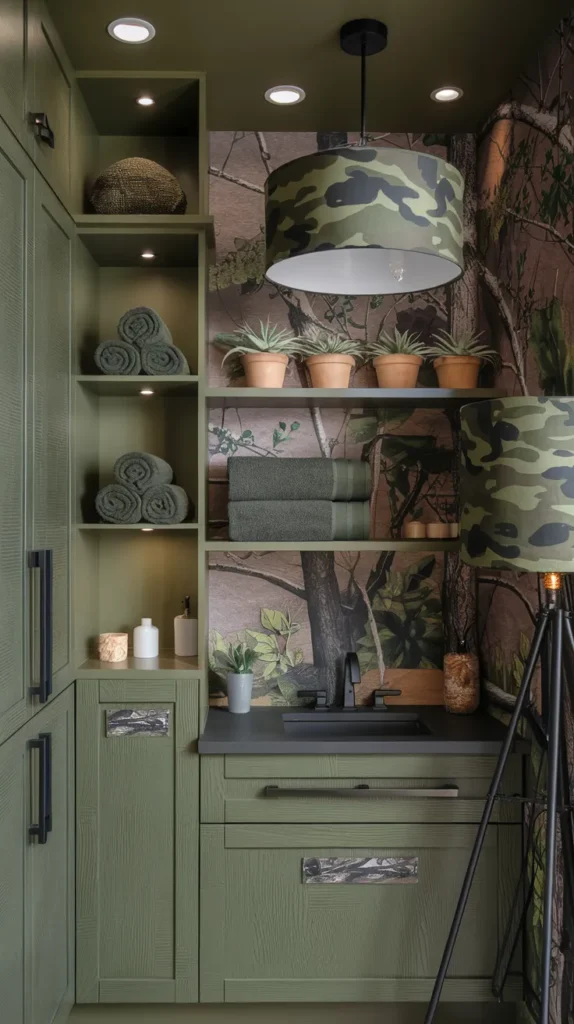 Tactical bathroom design with digital-camo shower panels, brushed brass sconces, and floating wooden shelves.