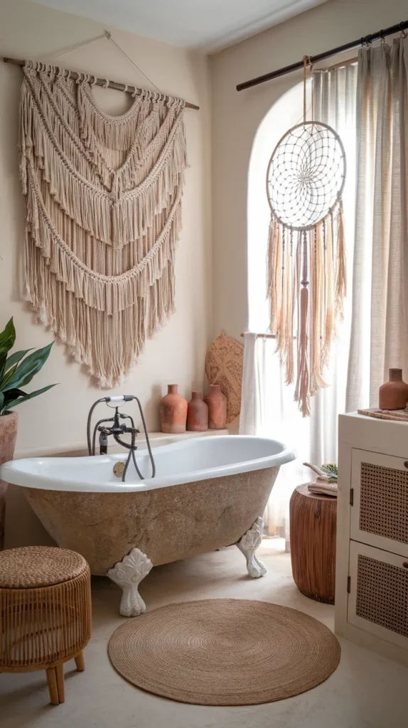 Vintage-style ensuite featuring brass faucets, stone sinks, and macrame wall hangings