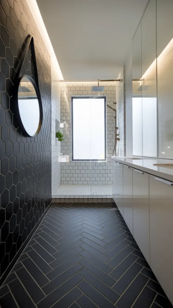 Industrial bathroom with textured black concrete floors, exposed copper pipes, and a reclaimed wood vanity.