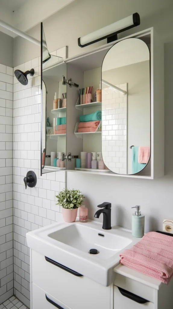 A vibrant and highly detailed feature image showcasing a beautifully organized dorm bathroom, combining all the smart storage and decor solutions