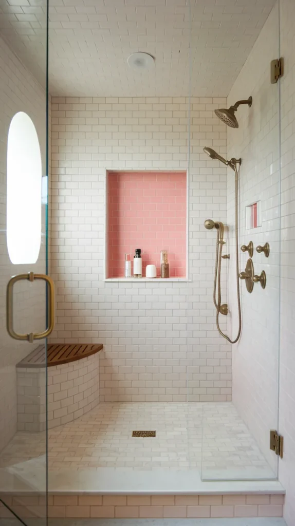 Hexagonal pink tiles arranged in a geometric pattern, enhancing the bathroom floor with modern flair