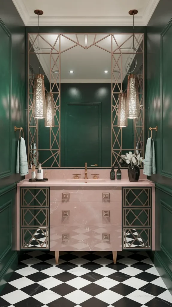 Art Deco bathroom with emerald green walls, rose gold fixtures, pink marble vanity, and black-and-white checkerboard flooring.