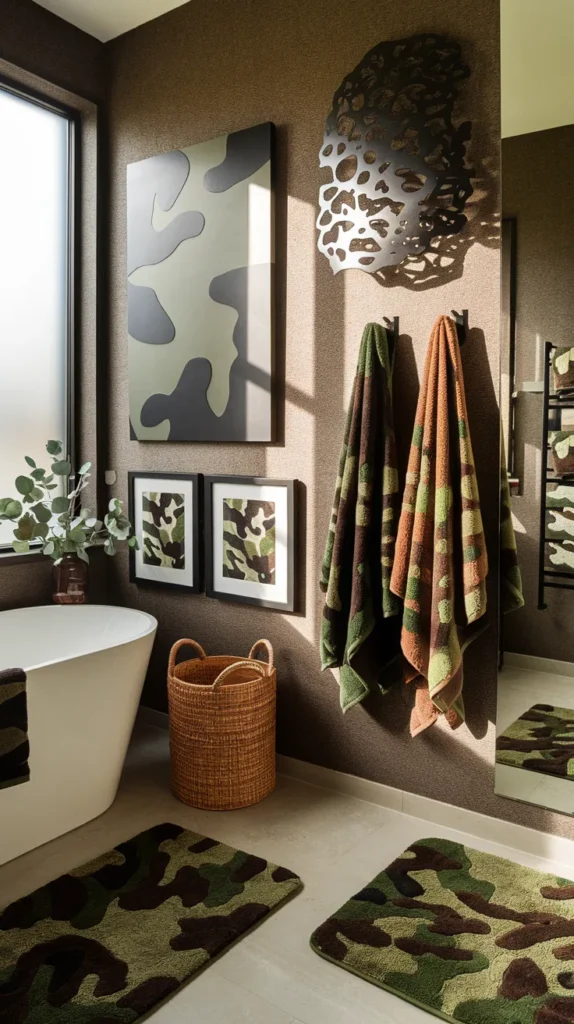 Earthy retreat showcasing camo-painted cabinet hardware, stone vessel sink, and embroidered linen shower curtain.