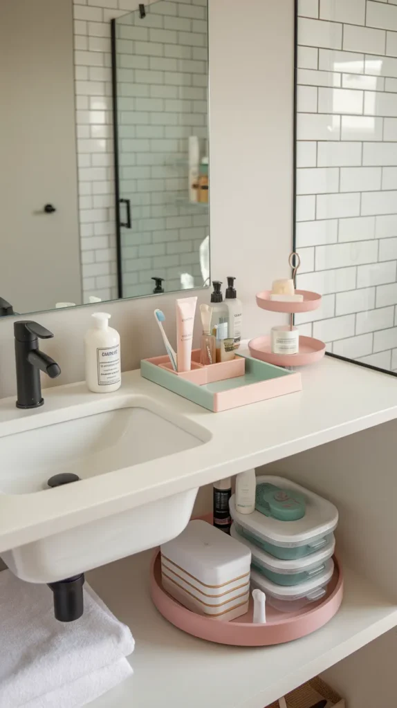 A vibrant and highly detailed feature image showcasing a beautifully organized dorm bathroom, combining all the smart storage and decor solutions