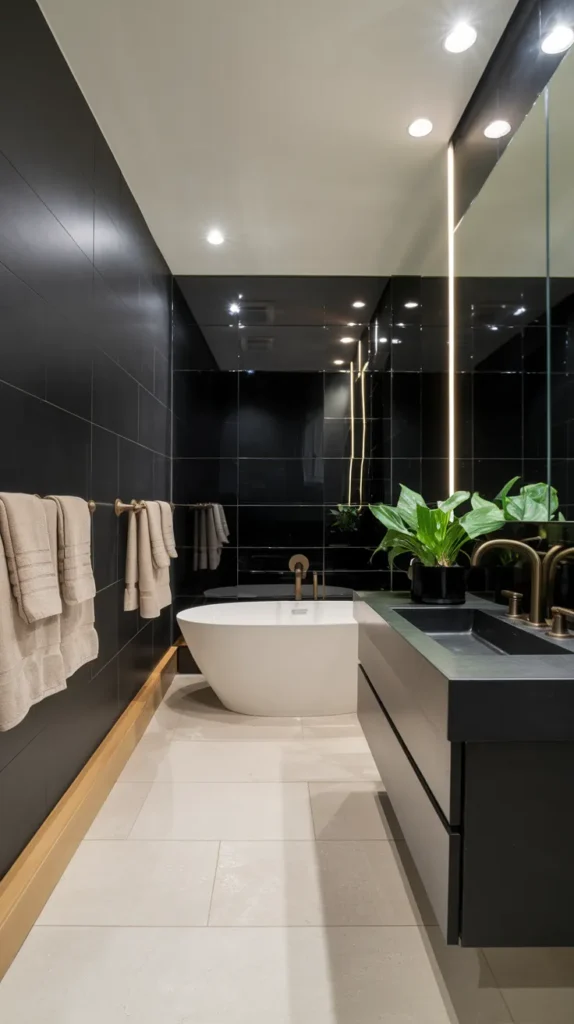 Modern bathroom with matte black tiles on one wall, glossy black tiles on another, paired with white fixtures and warm recessed lighting.