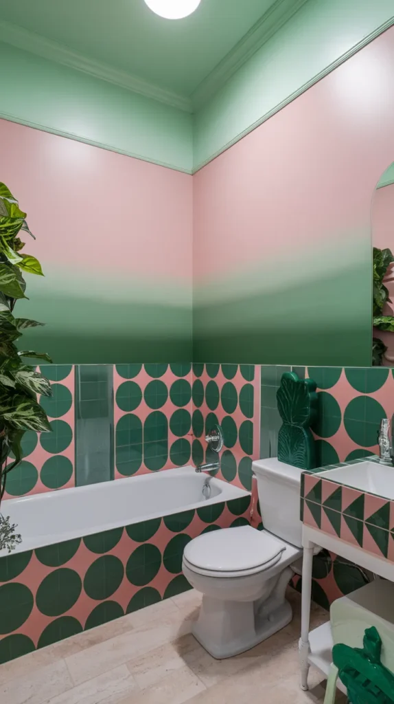 Renter-friendly bathroom with peel-and-stick green and pink geometric tiles, blush walls, mint ceiling, and minimalist wooden shelves.