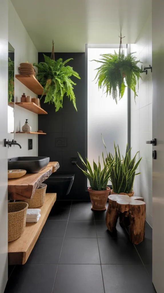 "Elegant bathroom with glossy black marble floors, white veining, and gold accents under crystal chandelier lighting.