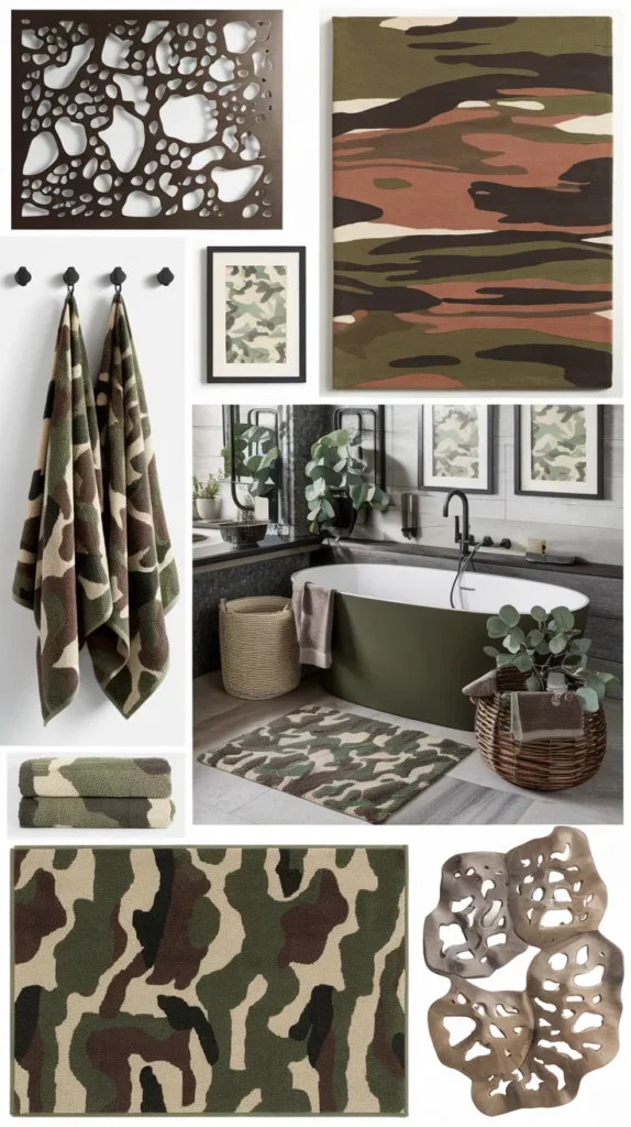 Earthy retreat showcasing camo-painted cabinet hardware, stone vessel sink, and embroidered linen shower curtain.