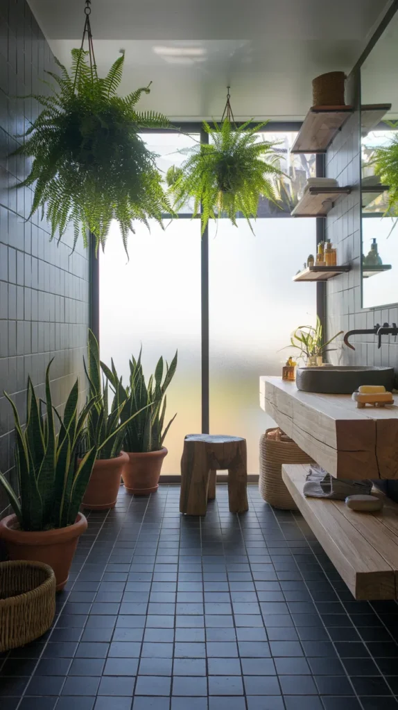 Luxurious bathroom with polished black marble floors, white veining, and a freestanding stone bathtub