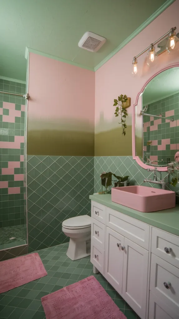 Renter-friendly bathroom with peel-and-stick green and pink geometric tiles, blush walls, mint ceiling, and minimalist wooden shelves.