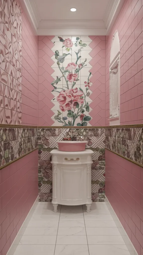 Hexagonal pink tiles arranged in a geometric pattern, enhancing the bathroom floor with modern flair.