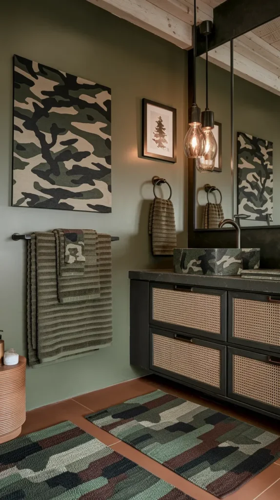 Earthy retreat showcasing camo-painted cabinet hardware, stone vessel sink, and embroidered linen shower curtain.