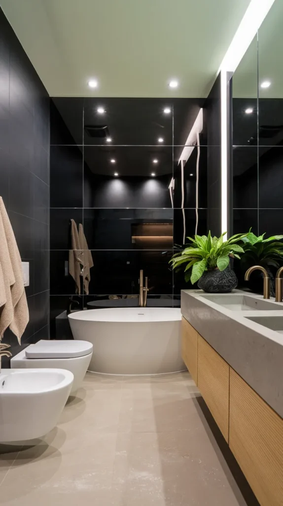 Modern bathroom with matte black tiles on one wall, glossy black tiles on another, paired with white fixtures and warm recessed lighting.