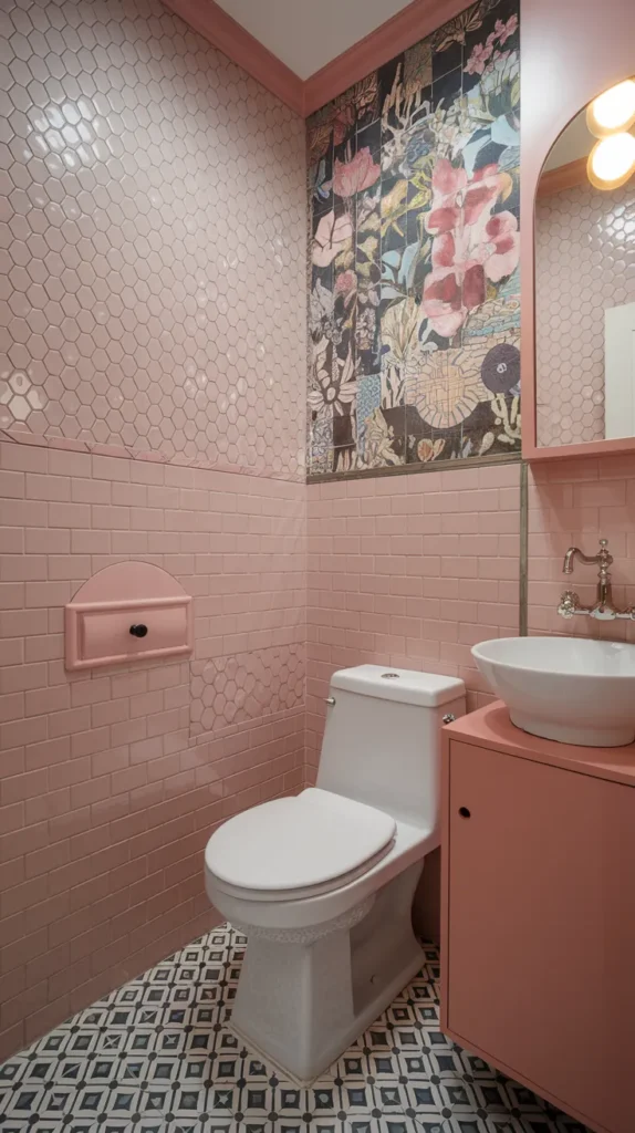 Hexagonal pink tiles arranged in a geometric pattern, enhancing the bathroom floor with modern flair.