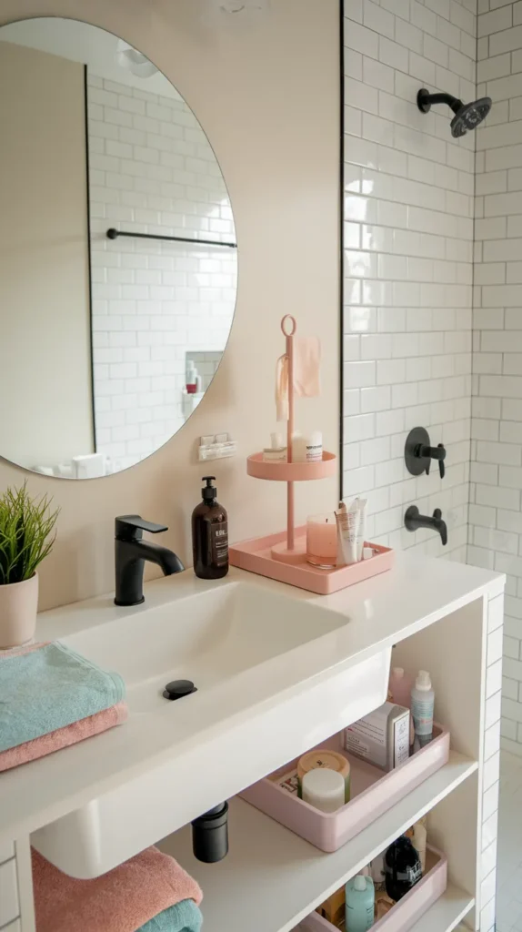 A vibrant and highly detailed feature image showcasing a beautifully organized dorm bathroom, combining all the smart storage and decor solutions