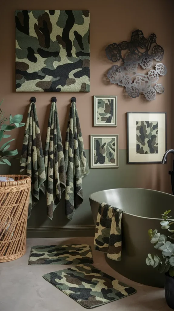 Earthy retreat showcasing camo-painted cabinet hardware, stone vessel sink, and embroidered linen shower curtain.