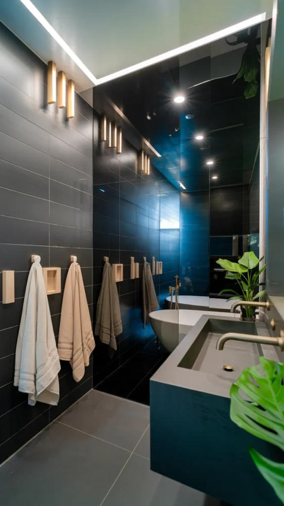 Modern bathroom with matte black tiles on one wall, glossy black tiles on another, paired with white fixtures and warm recessed lighting.