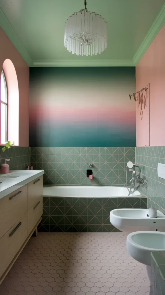 Renter-friendly bathroom with peel-and-stick green and pink geometric tiles, blush walls, mint ceiling, and minimalist wooden shelves.