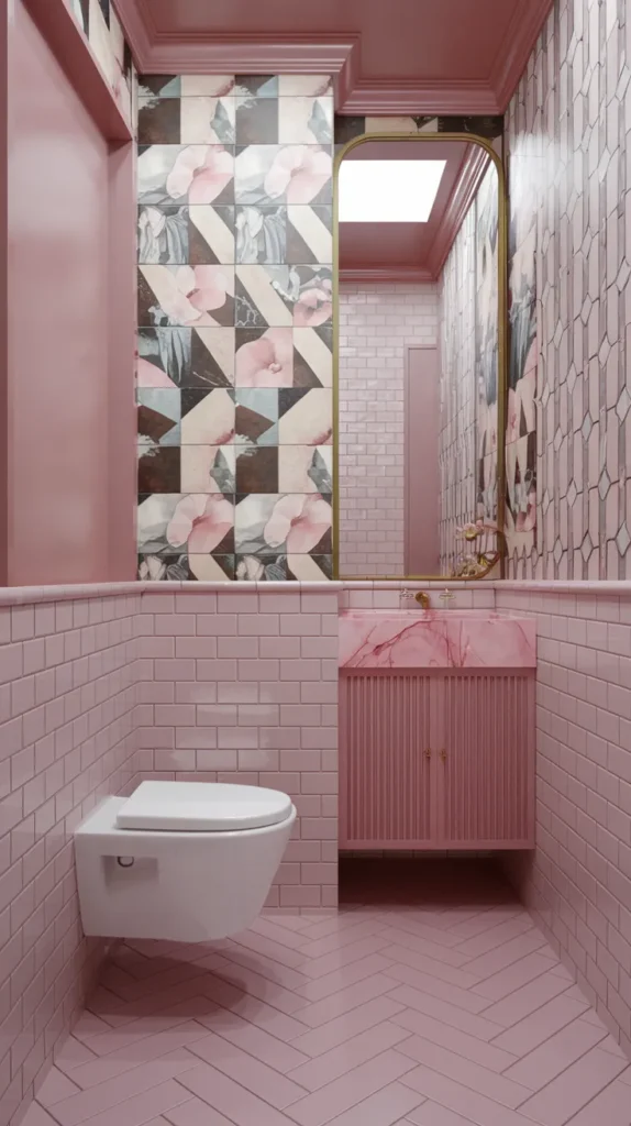 Hexagonal pink tiles arranged in a geometric pattern, enhancing the bathroom floor with modern flair.