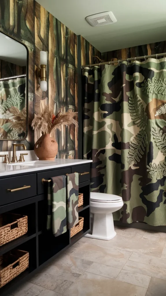 Luxurious spa-inspired space with geometric camo floor tiles, freestanding tub, and hanging eucalyptus.