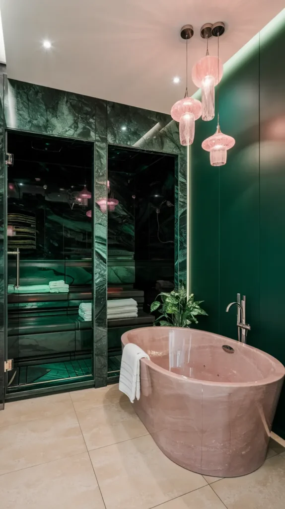 Luxury spa bathroom with emerald green accent wall, rose quartz freestanding tub, dark green marble, and pink crystal pendant lights.