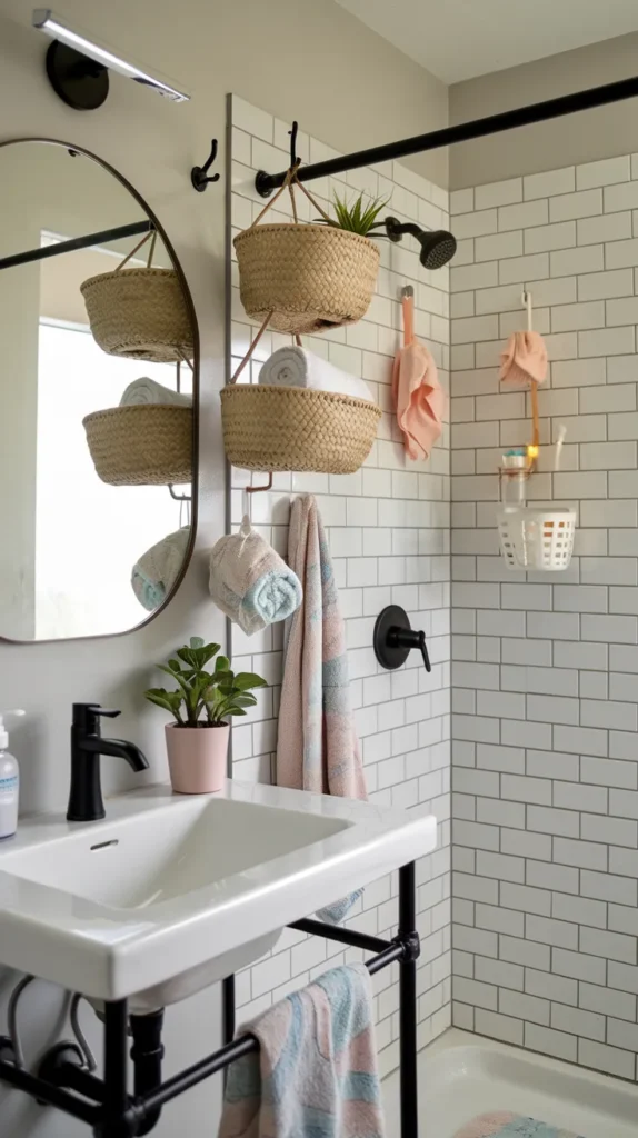 A vibrant and highly detailed feature image showcasing a beautifully organized dorm bathroom, combining all the smart storage and decor solutions