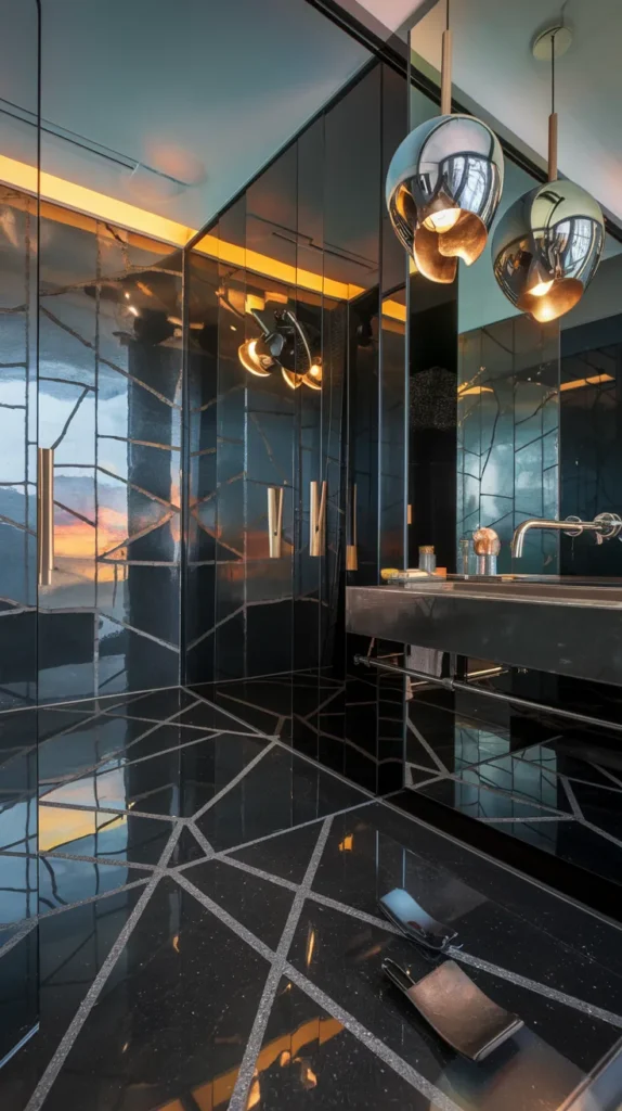 "Elegant bathroom with glossy black marble floors, white veining, and gold accents under crystal chandelier lighting.