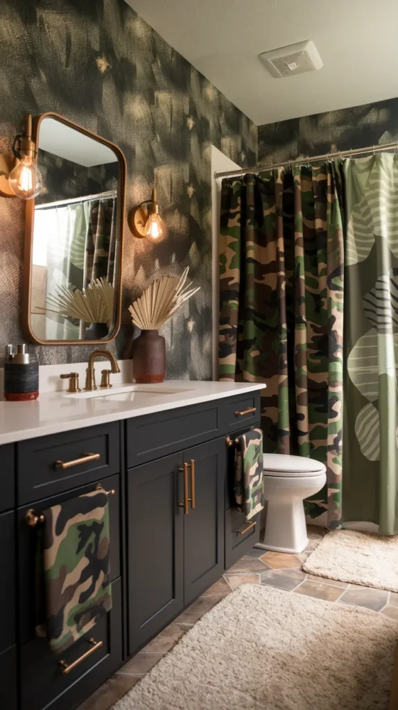 Luxurious spa-inspired space with geometric camo floor tiles, freestanding tub, and hanging eucalyptus.