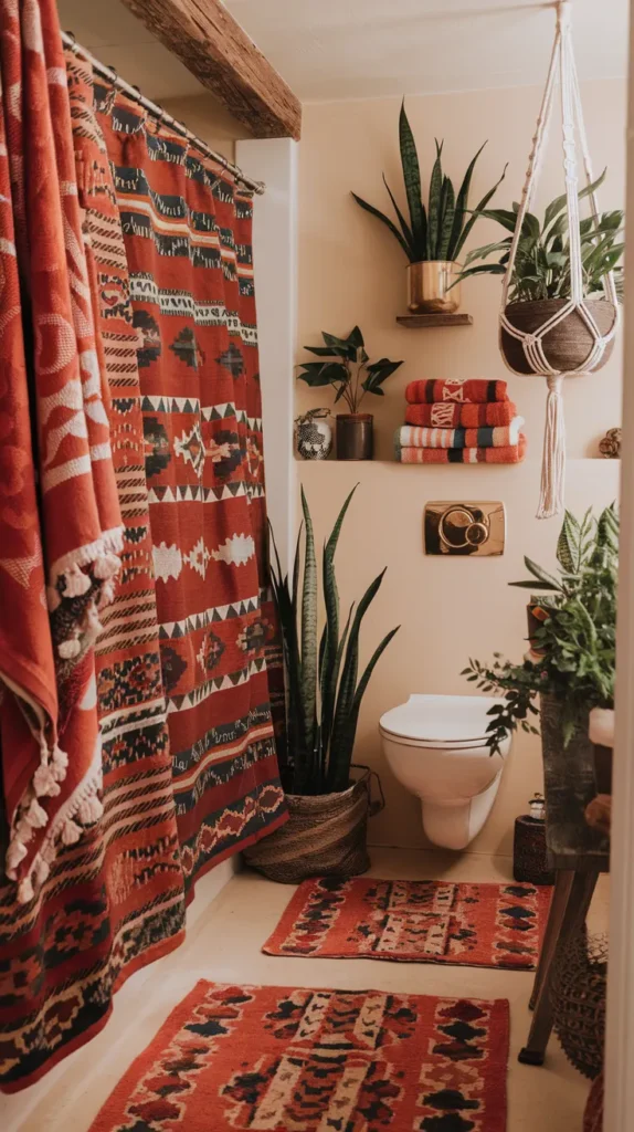 Airy Boho Retreat: Open Shelving with Linen Towels, Terra-Cotta Planters, and Macrame Wall Art in Soft Clay Tones