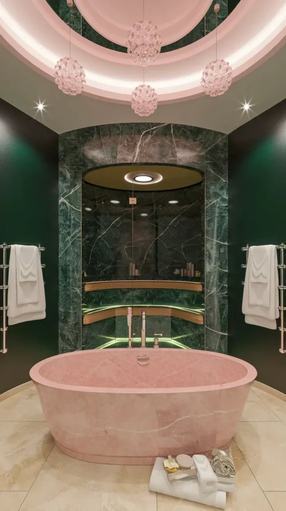 Luxury spa bathroom with emerald green accent wall, rose quartz freestanding tub, dark green marble, and pink crystal pendant lights.