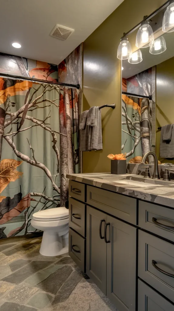 Luxurious spa-inspired space with geometric camo floor tiles, freestanding tub, and hanging eucalyptus.