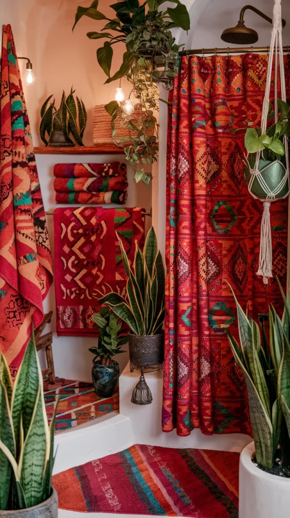 Airy Boho Retreat: Open Shelving with Linen Towels, Terra-Cotta Planters, and Macrame Wall Art in Soft Clay Tones