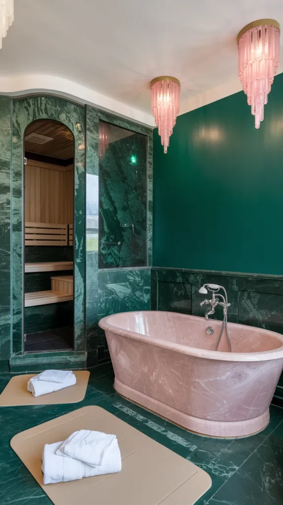 Luxury spa bathroom with emerald green accent wall, rose quartz freestanding tub, dark green marble, and pink crystal pendant lights.