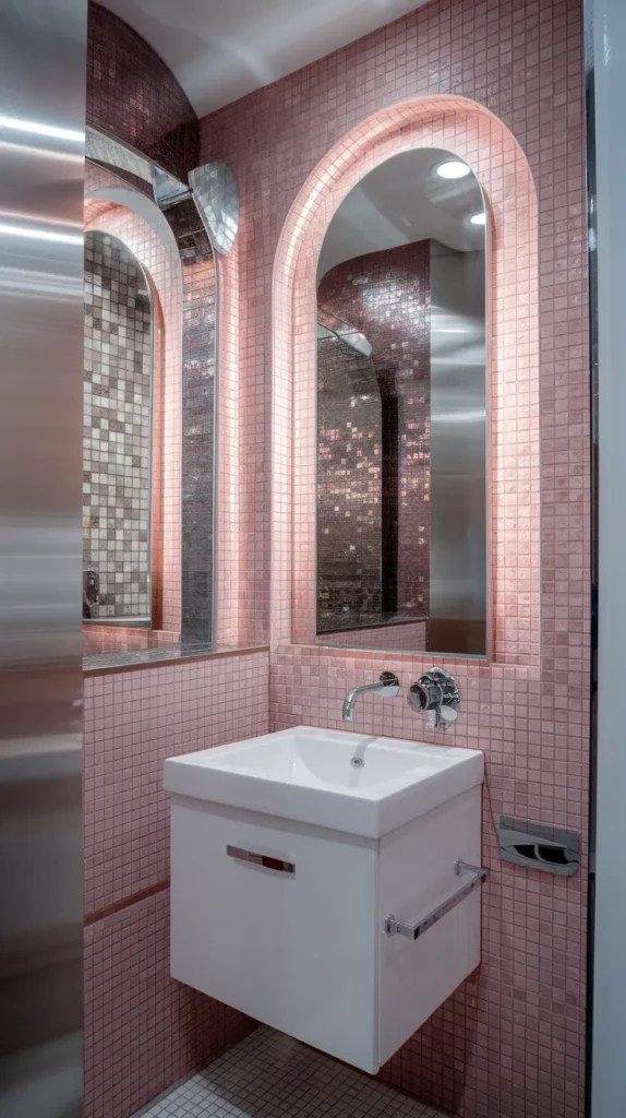 Pink mosaic tiles forming a stunning accent wall behind a sleek vanity with gold fixtures.