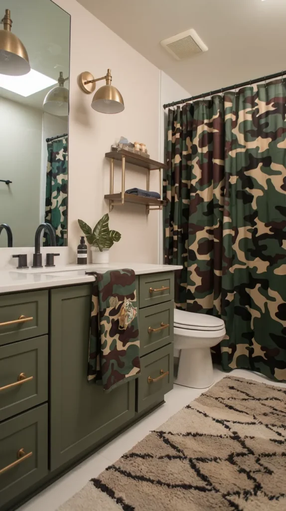 Luxurious spa-inspired space with geometric camo floor tiles, freestanding tub, and hanging eucalyptus.