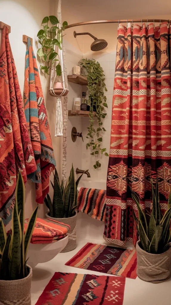 Airy Boho Retreat: Open Shelving with Linen Towels, Terra-Cotta Planters, and Macrame Wall Art in Soft Clay Tones