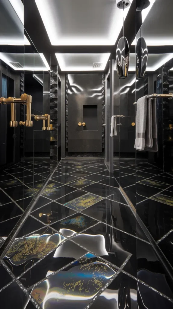 "Elegant bathroom with glossy black marble floors, white veining, and gold accents under crystal chandelier lighting.