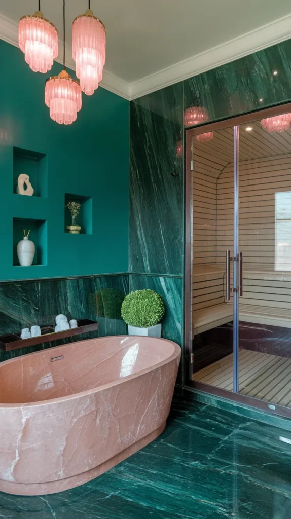 Luxury spa bathroom with emerald green accent wall, rose quartz freestanding tub, dark green marble, and pink crystal pendant lights.