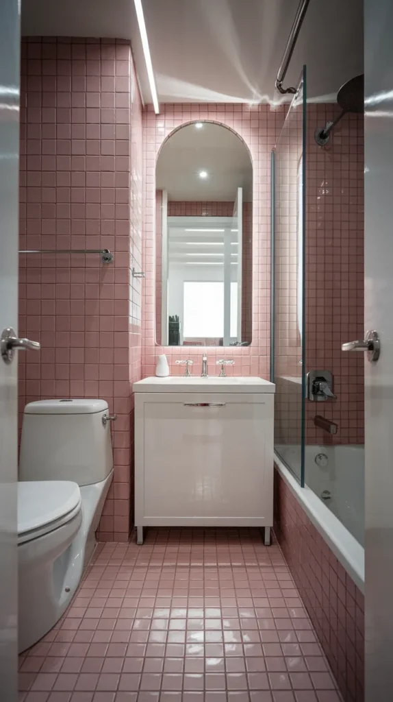 A stylish mirror framed with pink tile borders, adding a chic touch to a contemporary bathroom.