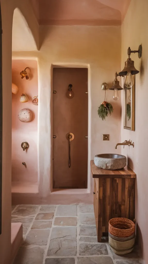 Bohemian Oasis: Reclaimed Wood Vanity with Marble Countertop and Brass Accents, Bathed in Golden Rattan Light