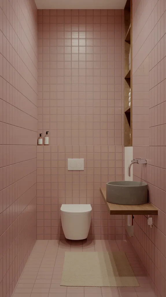 Blush pink tiles paired with neutral beige and wood accents in a cozy, modern bathroom.