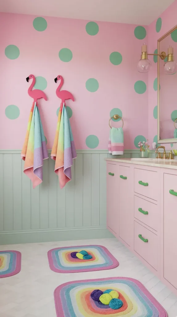 Playful kids’ bathroom with mint green polka dots on pink walls, rainbow towels, flamingo-shaped hooks, and a pastel pink vanity