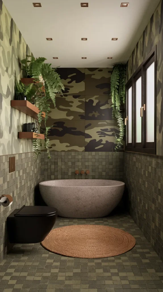 Modern bathroom featuring bold charcoal-and-olive camo accent wall, matte black fixtures, and woven jute rug.