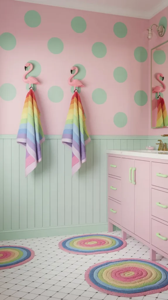 Playful kids’ bathroom with mint green polka dots on pink walls, rainbow towels, flamingo-shaped hooks, and a pastel pink vanity