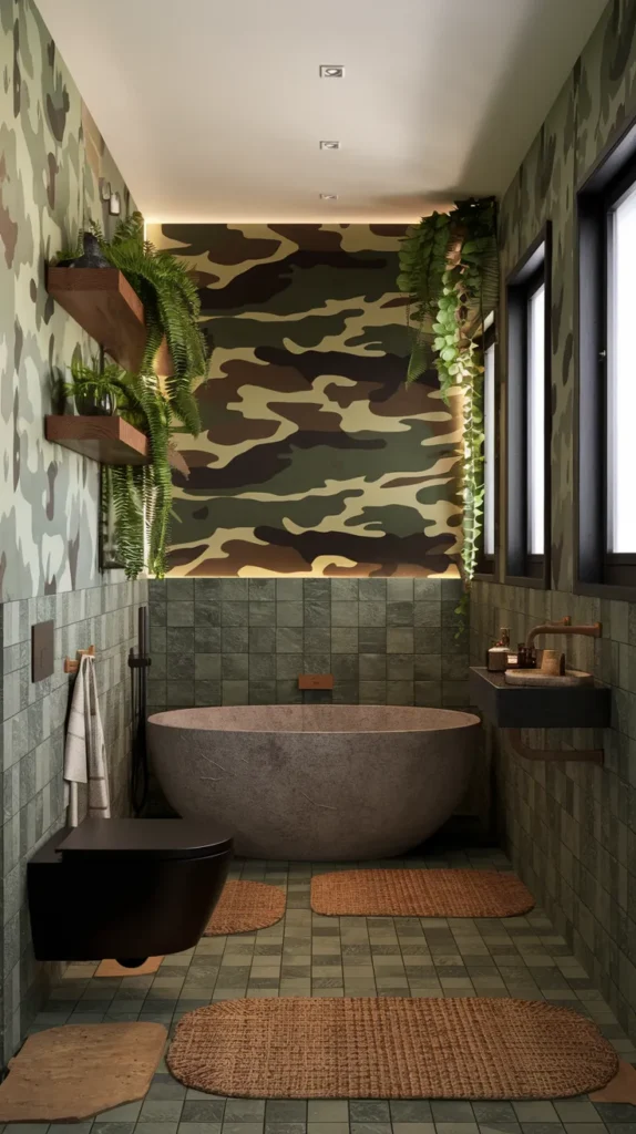 Modern bathroom featuring bold charcoal-and-olive camo accent wall, matte black fixtures, and woven jute rug.