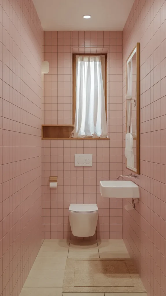 Minimalist small bathroom with soft pink tiles and white fixtures, creating a serene and elegant space.