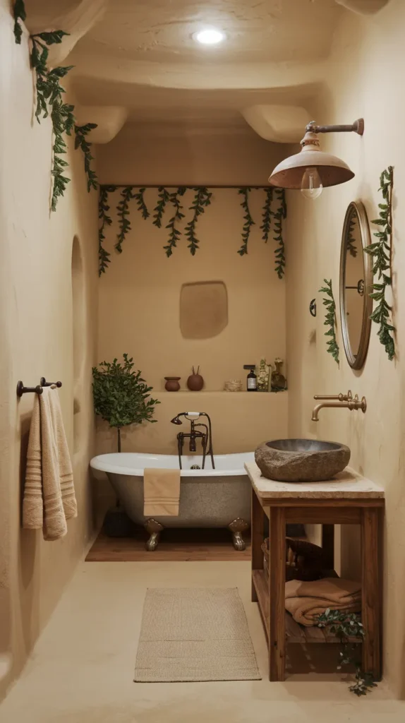 Bohemian Oasis: Reclaimed Wood Vanity with Marble Countertop and Brass Accents, Bathed in Golden Rattan Light