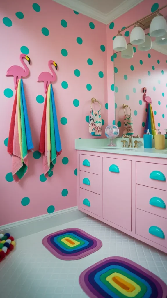 Playful kids’ bathroom with mint green polka dots on pink walls, rainbow towels, flamingo-shaped hooks, and a pastel pink vanity