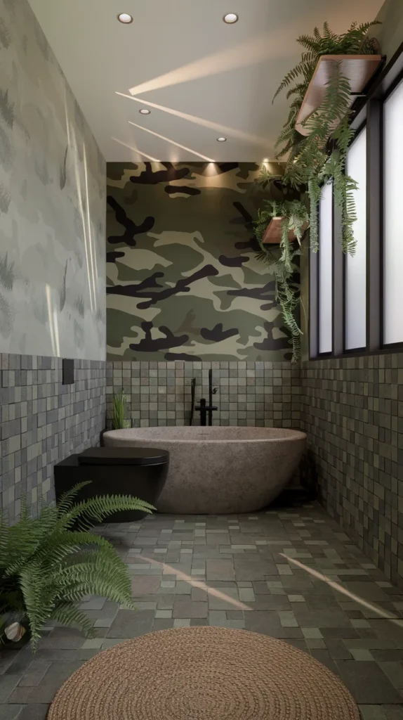 Serene bathroom with forest-green camo wallpaper, stone bathtub, and textured ceramic tiles under soft natural light.